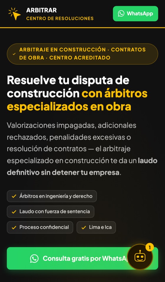 Landing de arbitraje en construcción en móvil