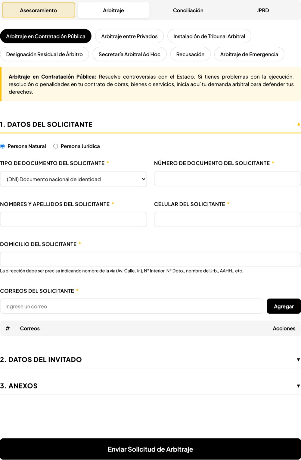 Formulario de mesa de partes de arbitrar.pe