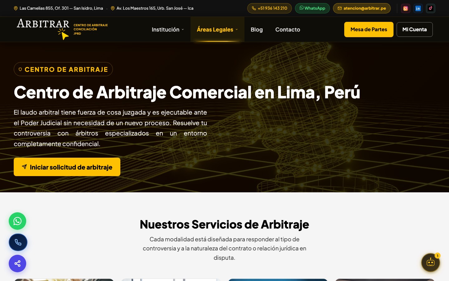 Hero actual del centro de arbitraje, con titular de catálogo y un solo botón a mesa de partes