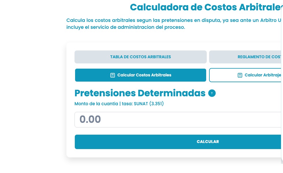 Calculadora de costos arbitrales embebida en la portada de CEAR Latinoamericano