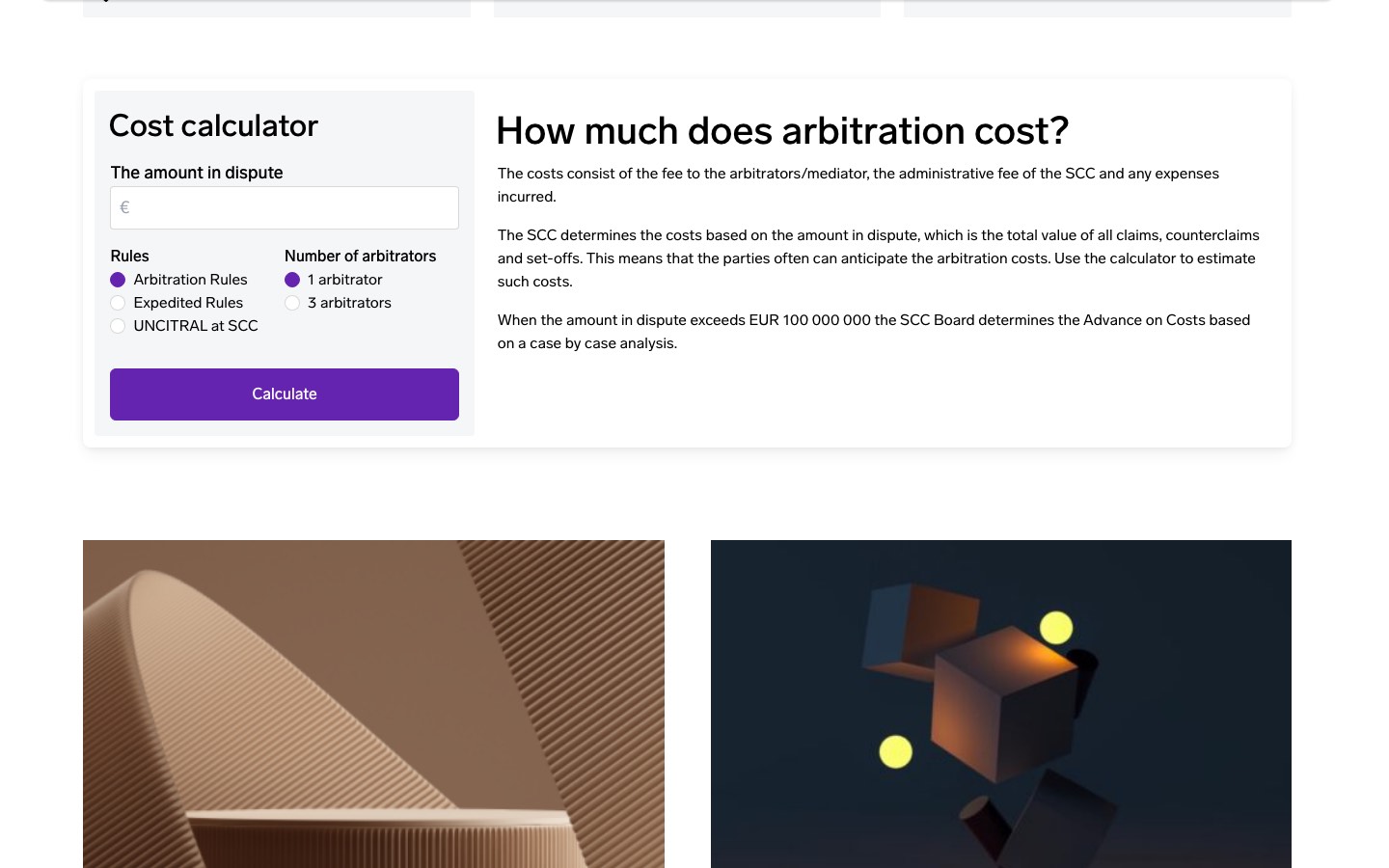 Calculadora de costos embebida en la portada de SCC bajo la pregunta How much does arbitration cost