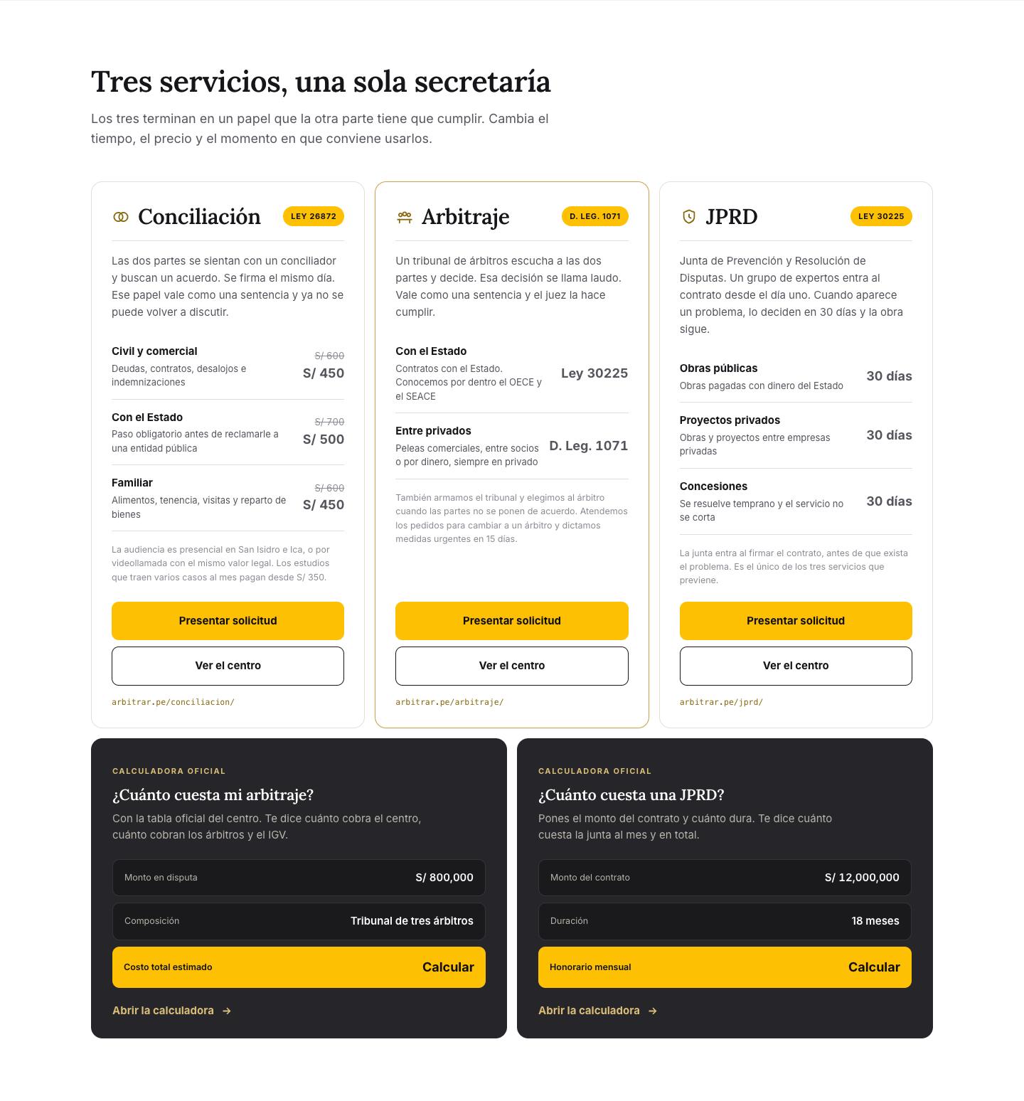 Conciliación, arbitraje y JPRD en tres tarjetas, con las calculadoras de costos debajo