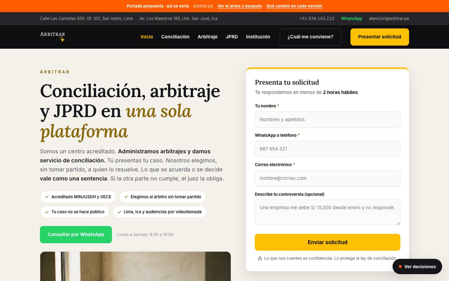 Portada propuesta: titular sobre el conflicto y formulario en el primer pantallazo