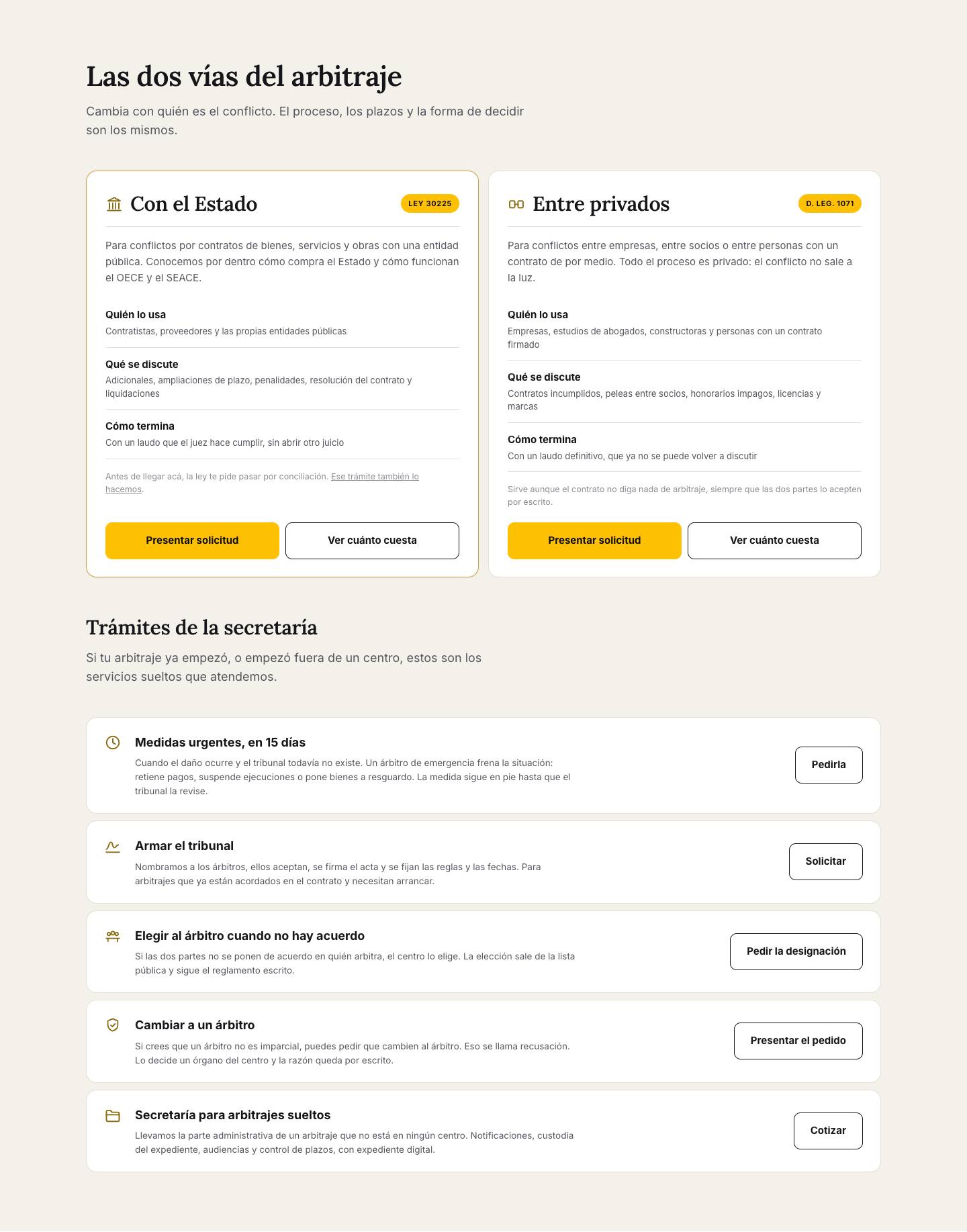 Las dos vías del arbitraje en tarjetas grandes y los cinco trámites de secretaría en lista