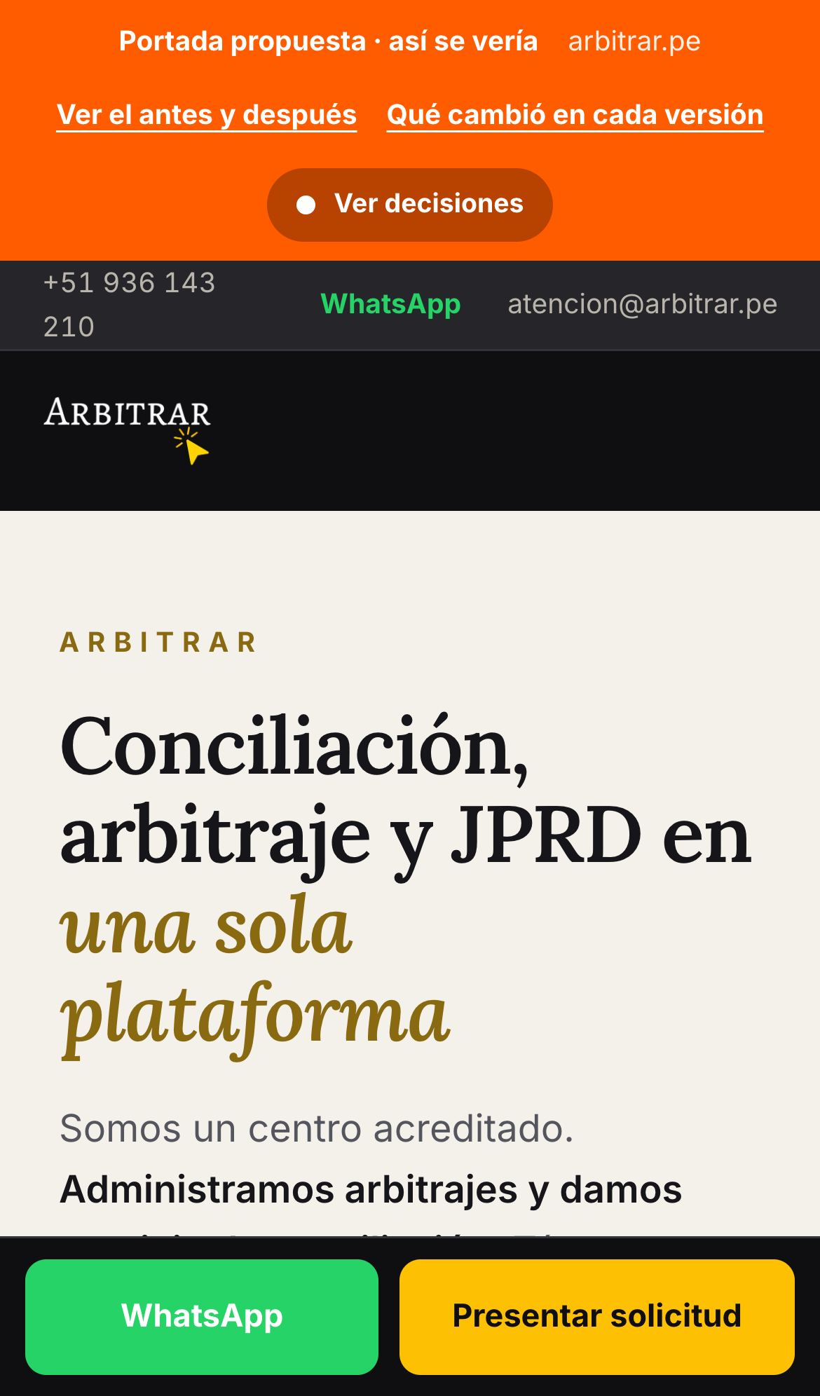 Portada propuesta en móvil con barra inferior fija de WhatsApp y Presentar solicitud