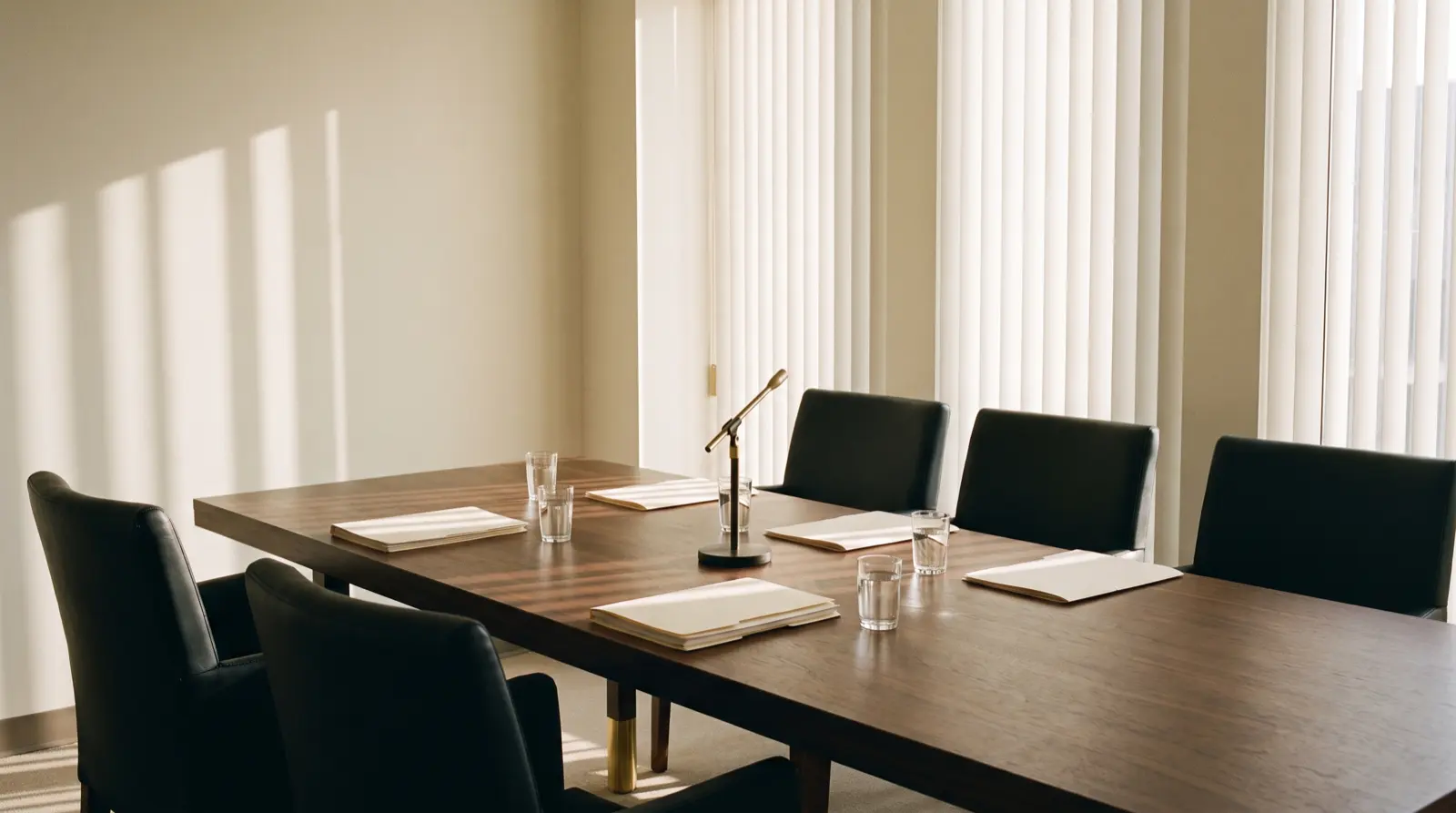 Sala de audiencias con la mesa del tribunal preparada