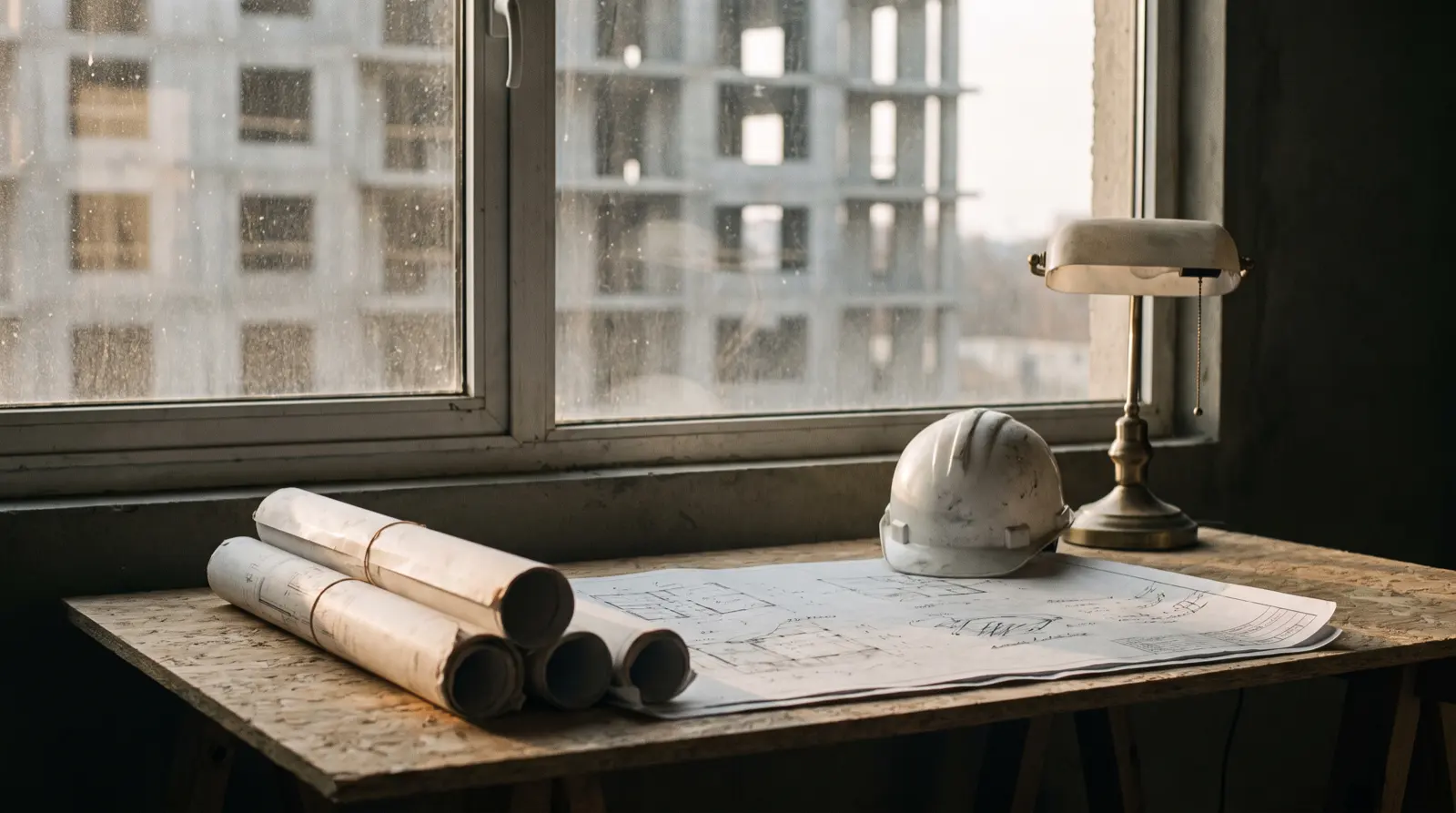 Planos y casco sobre la mesa de una oficina de obra